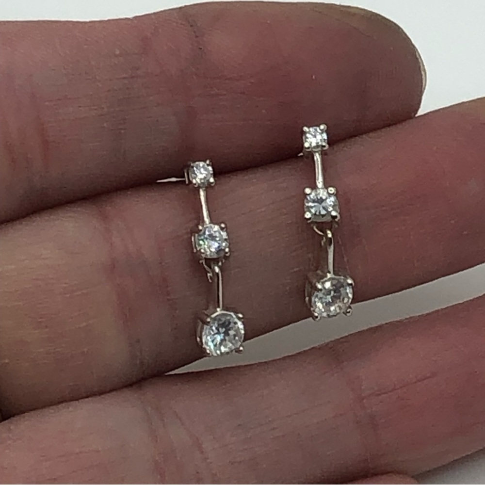 STERLING Silver & Clear / White CZ Stones Segmented Dangle Stud Earrings .7” - Picture 2 of 4